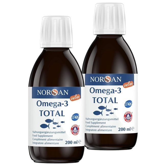 NORSAN Premium Omega 3 Fischöl Total Naturell hochdosiert 2er Pack (2x 200 ml) / 2.000mg Omega 3 pro Portion/Omega 3 Öl 1120mg EPA & 536mg DHA/Omega 3 Premium Öl mit 800 IE Vitamin D3