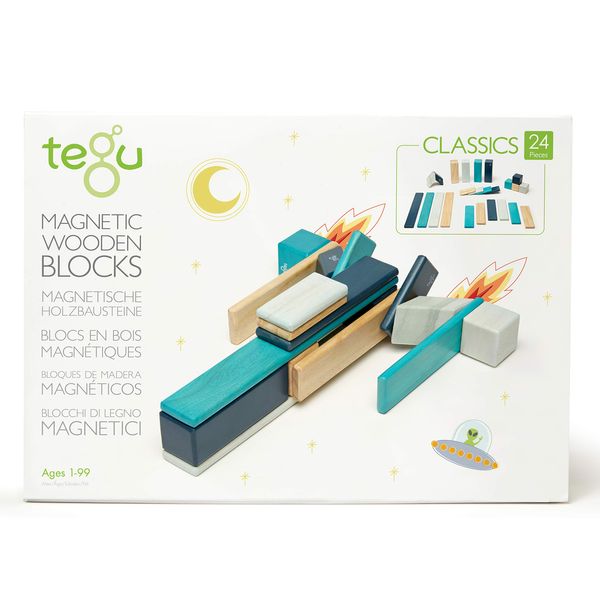 24 Piece Tegu Magnetic Wooden Block Set, Blues, 1-99 years old