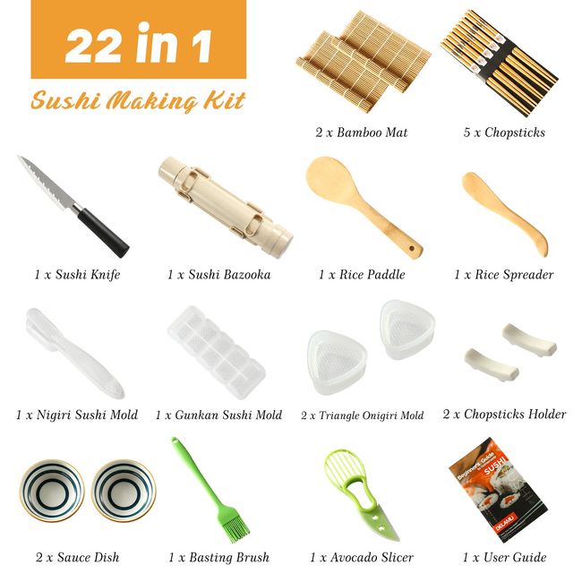 Sushi Making Kit, Sushi Roller Set, All in One Sushi Maker Kit, with Bamboo  Rolling Mat, Sushi Bazooka, Chopsticks Holders, Rice Paddle, Avocado