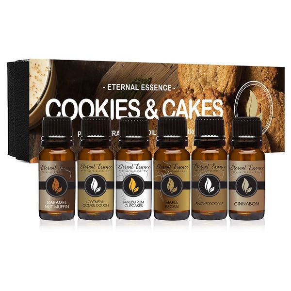 Cookies & Cakes - Gift Set of 6 Premium Fragrance Oils - Caramel Nut Muffin, Oatmeal Cookie Dough, Malibu Rum Cupcakes, Maple Pecan, Snickerdoodle and Cinnabon - 10ML