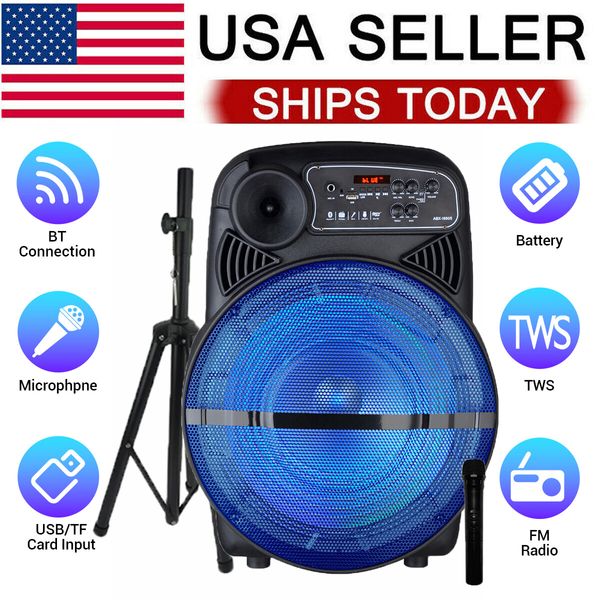 15" Portable Bluetooth Speaker Subwoofer Sound System w/LED Stand & Wireless Mic