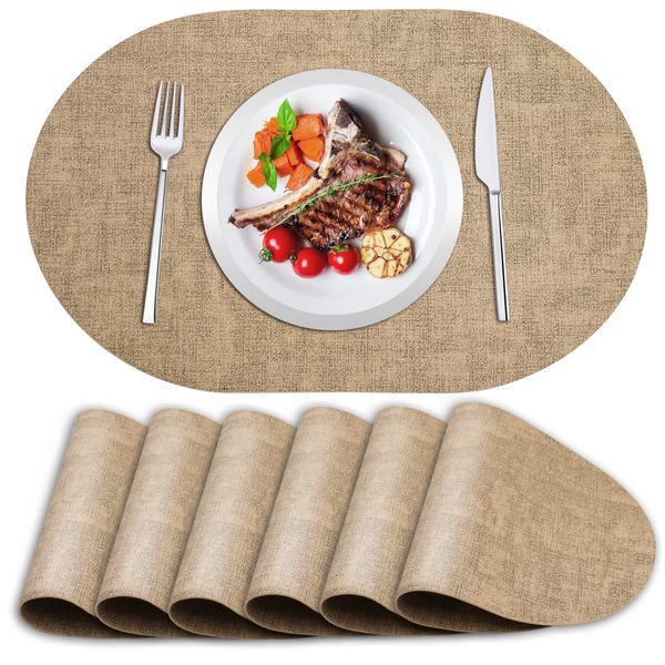 ANUNU Placemats Set of 6 - Double-Sided Faux Leather Design Oval Placemats for Dining Table Mats Heat Resistant Waterproof Wipeable Washable Non-Slip Kitchen Table Placemats (Set of 6, Camel)