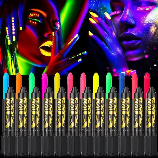 UV Neon Face Paint Glow In The Dark 12 Colours Water Based Fluorescent Body Paint Stick Crayons, Glow In The Dark Face Crayon Set, Neon Face Paint Crayons For Halloween Birthday Make Up Party(12pcs)