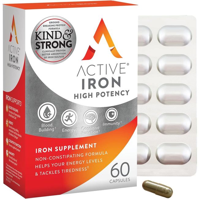 Active Iron High Potency Iron Supplement 2x Better Absorption & Non-contracting Energy Support Iron Pills for Women & Men 25mg (60 Capsules), 1 Count, 60 Tablets