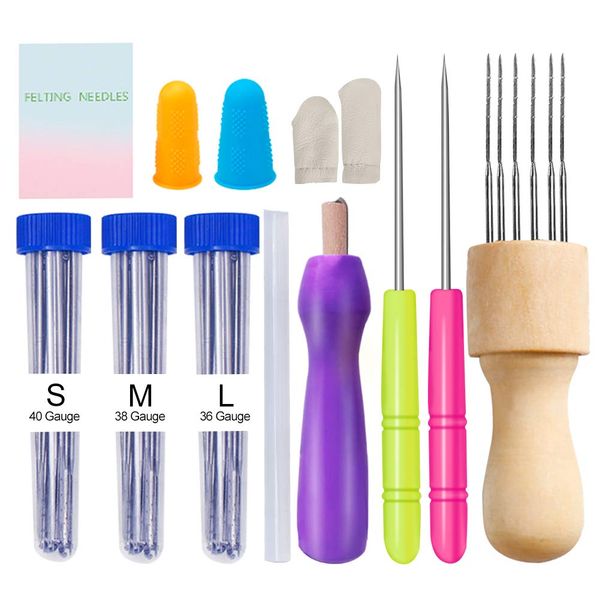 Felt Needles Kit for Beginner, 3 Sizes Wool Felting Needles with Needle Felting Supplies, Wooden Handle, Awls, Finger Cot, Manual, Needle Felting Kit for Wool Felting DIY