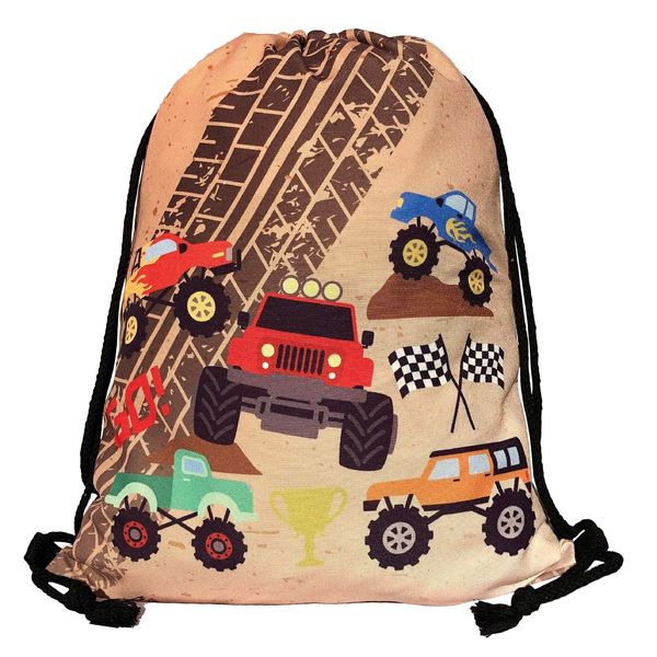 HECKBO kids monster truck cars gym drawstring bag - 40x32cm - 12.6" x 15.8" - string bag - kindergarten daycare crèche school football - children kids girl boy backpack, sports bag