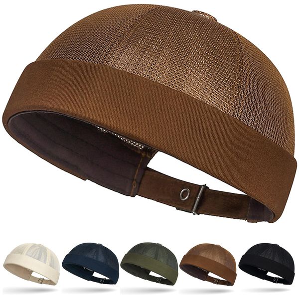 Initlove Docker Hat for Mens Mesh Beanie Cap Breathable Brimless Sailor Hat Coffee