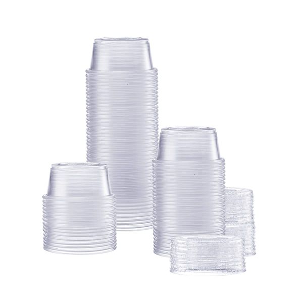 Comfy Package [2 oz. - 100 Count Clear Disposable Plastic Portion Cups with Lids - Soufflé Cups, Jello Shot Cups With Lids, Clear Plastic Containers Perfect for salad Dressing and More