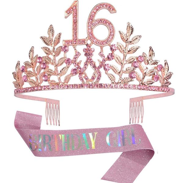 HPMAISON 16th Birthday Crown with Combs & A Pink Sash Rhinestone Headband Princess Tiara Women Cake Topper Party Costume Accessories Tiara and Belt for 16th Birthday Party Present