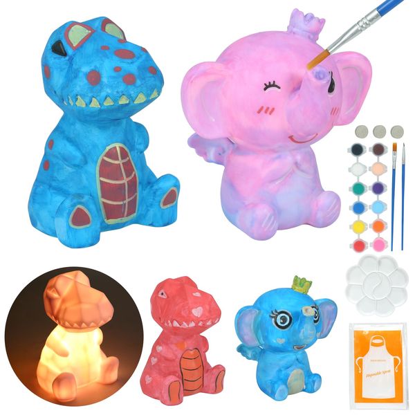 Paint Your Own Lamp Kit, 2 pcs Art Supplies Painting Kit Toys for Ages 8-13, Arts and Crafts for Kids Ages 8-12, Toys Birthday Gifts for 3-12 Year Old Girls Boys (Dinosaur & Elephant)