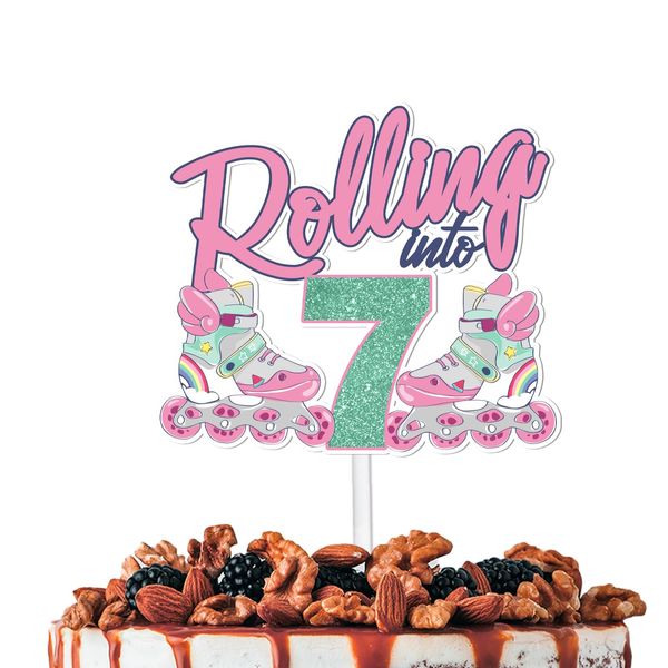 Pink Glitter Rolling into 7 Cake Topper Pick for 80s 90s Retro Roller Skates Hip Hop Roller Skating Party Decor Supplies Girl 7th Happy Birthday Theme Decorations