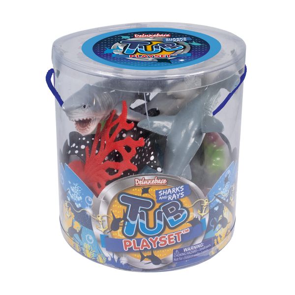 Tub Playset - Sharks and Rays from Deluxebase. Ocean Toys Figurine Set for Kids with Reusable Tub. 7 Piece Imagination Toys Playset with Toy Storage Including 4 Sharks, Stingray and Accessories.