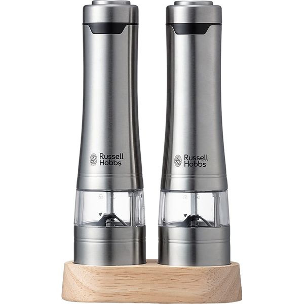 Russell Hobbs 7923JP Electric Salt & Pepper Mill, Spice Grinder, Wooden Stand Included, Color: Silver, Set of 2