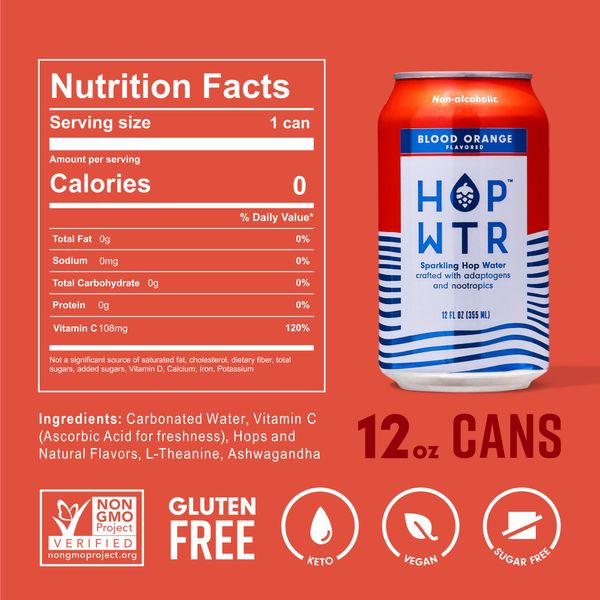 HOP WTR Sparkling Hop Water Blood Orange 12 Pack, Sugar Free, Low Carb Non Alcoholic Drinks, NA Beer, Adaptogen Drink, No Calories, Adaptogens & Nootropics for Added Benefits, 12 oz Cans