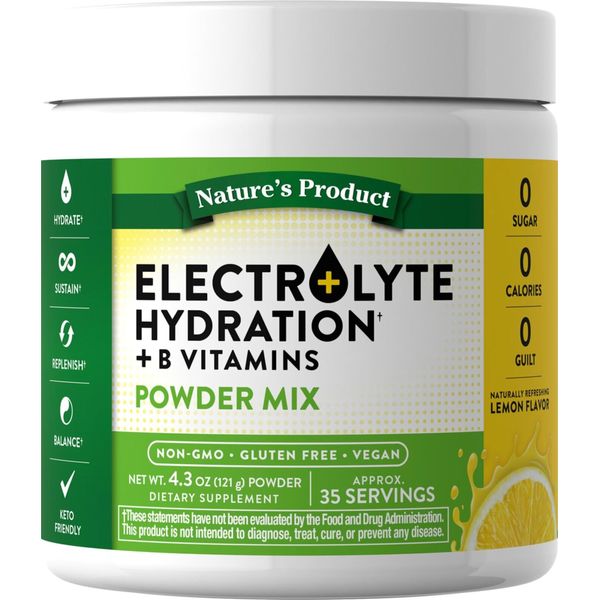 Electrolyte Hydration + Vit B (Delicious Refreshing Lemon), 4.3 oz (121g) Powder