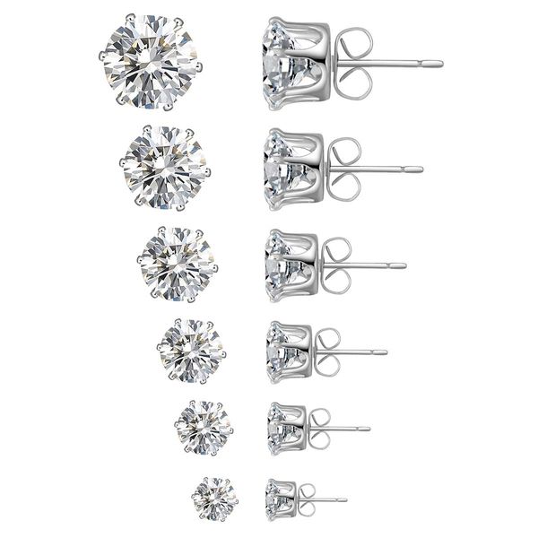 6 Pairs Stud Earrings Set,Clear Cubic Zirconia 316L Stainless Steel Earrings for Women for Men 3-8mm White Gold