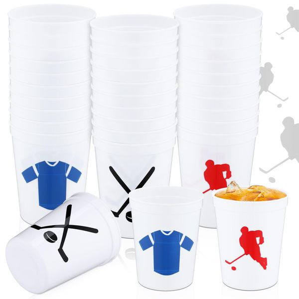 Zhehao 30 Pcs Sport Ball Plastic Cups Hockey Football Basketball Plastic Cups Bulk Reusable Drink Cups 16 oz Stadium Cups Stackable Sports Cup for Sport Party Supplies (White,Hockey)