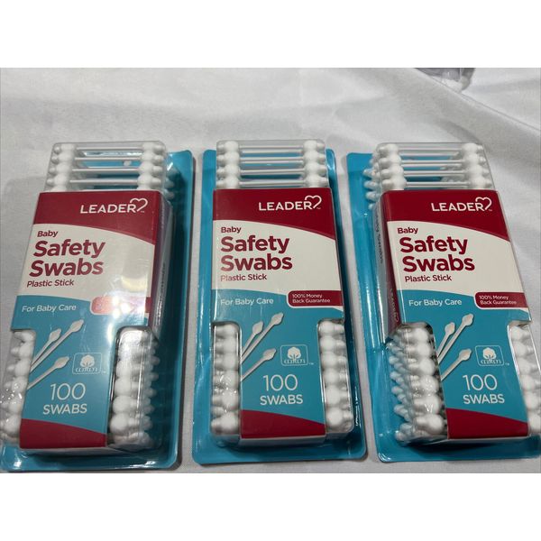 Leader Safety Cotton Swabs Plastic Stick For Baby Care 100% Soft Cotton 3/pack