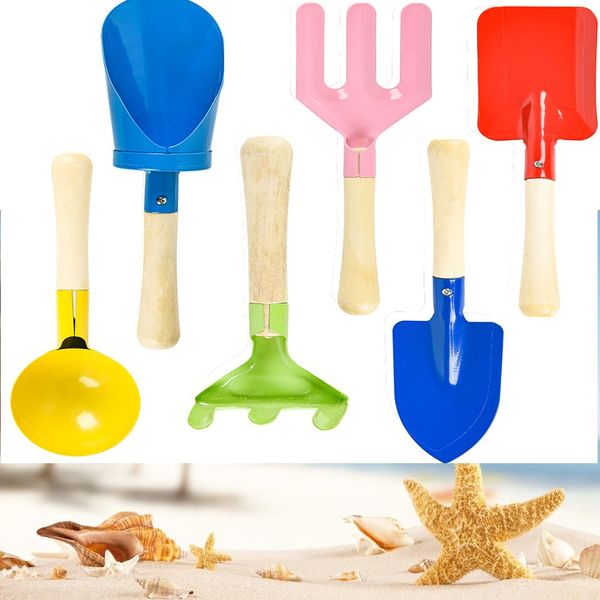 Triyilove Beach Toys 6Pcs Sand Toys,8'' Kids Gardening Tools Spoon, Fork, Rake, Flat & Pointed Shovel Metal Garden Tools with Sturdy Wooden Handle Beach Toys for Kids Ages 4-8