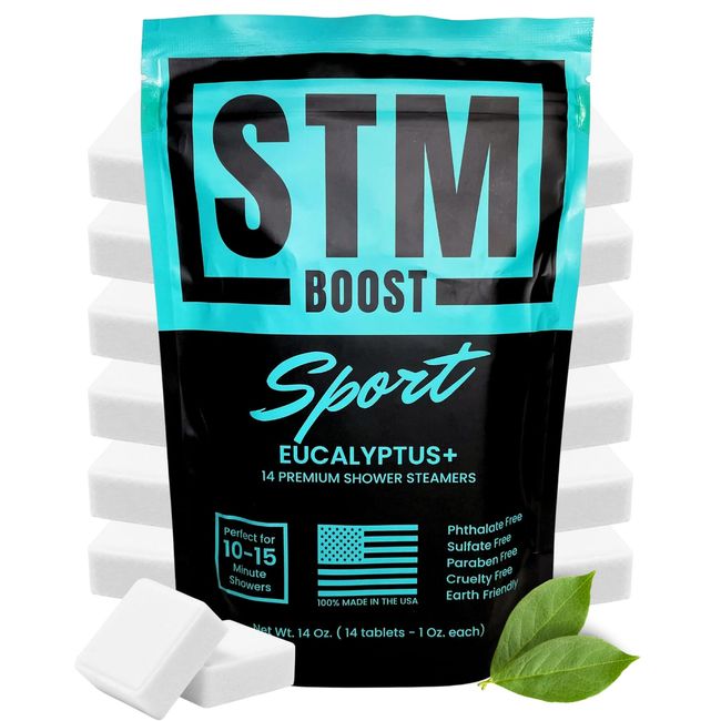 STM Boost Shower Steamers for Men, Women and Athletes - 14 Aromatherapy Shower Bomb Tablets Have Eucalyptus, Menthol for Sinus, Stress Relief, Relaxation and Recovery, Natural Shower Tabs, Great Gift