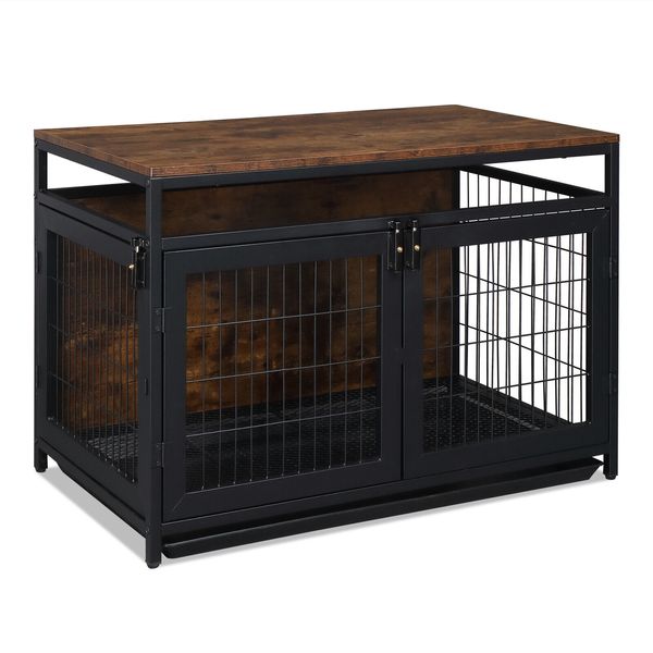 37in Wood Top Dog Crate Indoor Pet kennel Cages End Table w/Double Door & Tray