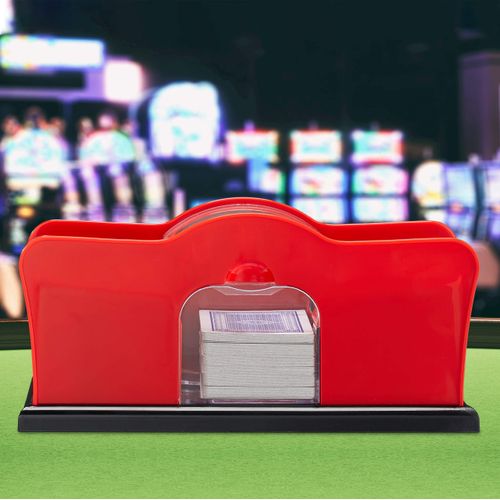 Relaxdays 10031555 card mixer, 2 decks, crank, manual mixer for playing cards up to 91 mm, plastic, red/black
