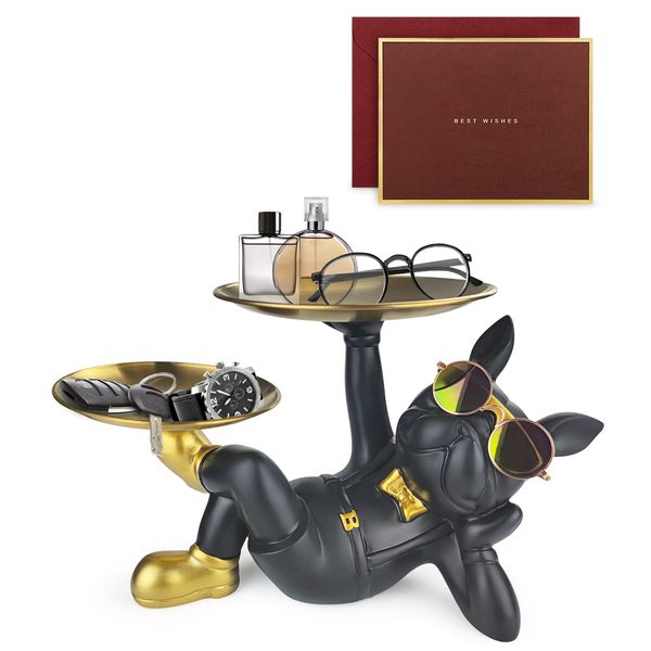 Official SENJWARM Brand Authentic Lying Dog, 2 Pieces of Gold Storage Tray, Decoration, Funny Dog Ornament, Gift, French Bulldog Double Tray, Table Figurine, Key Storage, Entrance Figurine,