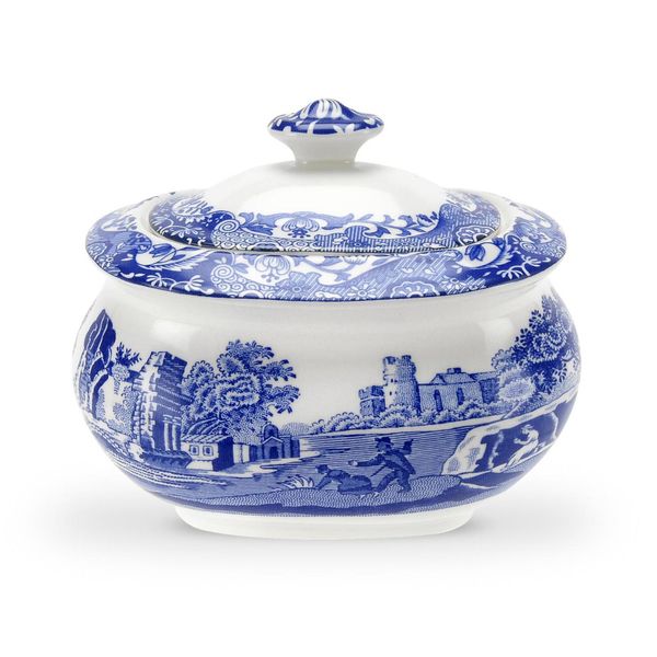 Spode Blue Italian Covered Sugar Bowl | 9 Oz Sugar Container for Coffee Bar, Kitchen Countertop | Fine Earthenware | Microwave and Dishwasher Safe | Made in England