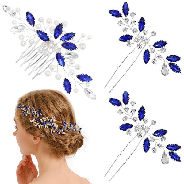 3 PCS Blue Rhinestone Hair Comb Peatl Leaf Hair Side Comb Grace Fashion Anti-slip Crystal Bridal Headpiece Handmade Wedding Prom Bridesmaids Women Girls Hair Accessories for Thick Thin Hair （Silver）