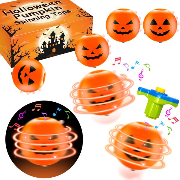 Halloween Basket Goodie Bag Stuffer Fillers for Kids, 4 Pack Pumpkin Light Up Spinning Top Toys Gifts for Toddlers, Halloween Treats Non Candy Birthday Party Favors, Classroom Prizes for Boys Girls