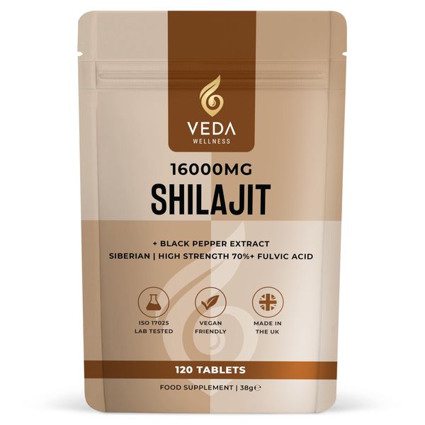 Pure Shilajit 16000mg - 70%+ Fulvic Acid, 120 Tablets with Black Pepper, Ethically Sourced from Siberian Mountains, ISO 17025 Lab Tested, Vegan