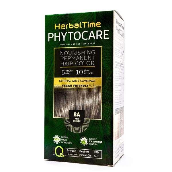 Herbal Time Phytocare Permanent Hair Dye, Ash Blonde 8A, Professional Natural Hair Colour Kit, Nourishes and Protects Your Hair, No Ammonia, PPD and SLS, 124.5 ml