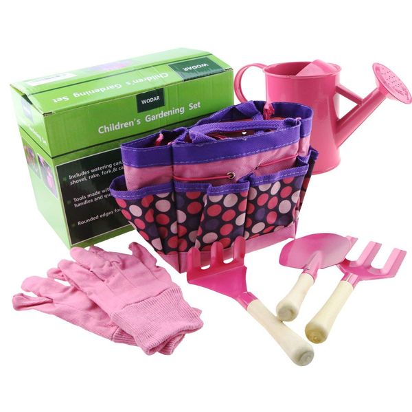 Apol Gardening Tool Set for Kids Children Includes Watering Can Gloves Shovel Rake Fork and Carry Bag Girls Boys Gift (Pink)