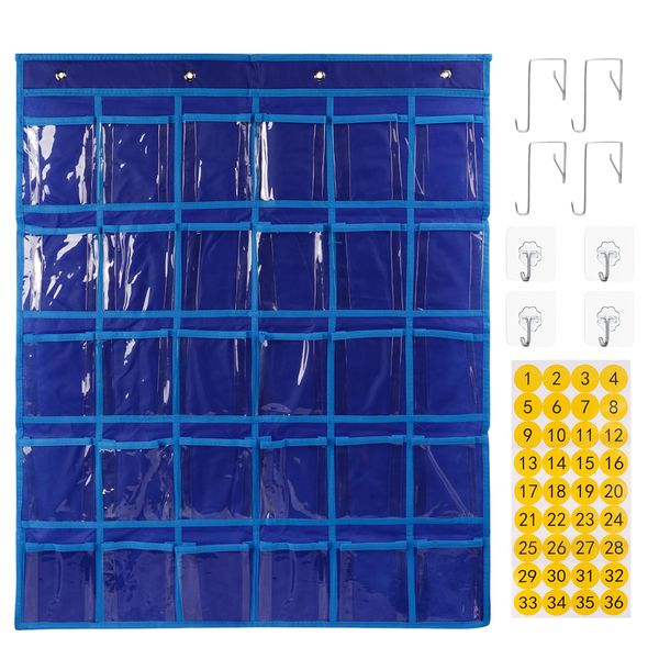 SAVORLIVING 30 Clear Pockets Classroom Pocket Chart Organizer, Pocket Chart for Phone Calculator Holder, Hanging Wall Door Calculator Phone Caddy with Hooks and Number Stickers (Sapphire Blue)