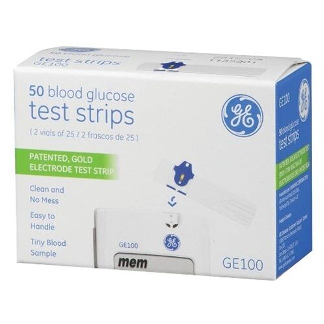 GE100 Blood Glucose Test Strips, Gold Electrode, 50 Count, 05/2024 Lot of 2