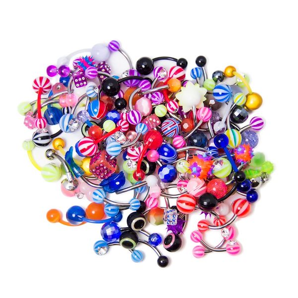 100 Pieces Belly Rings Piercing Multipack Belly Ring Button Banana Barbells Colorful Navel Rings Navel Barbell Acrylic Balls Belly Button Rings Piercing Jewelry