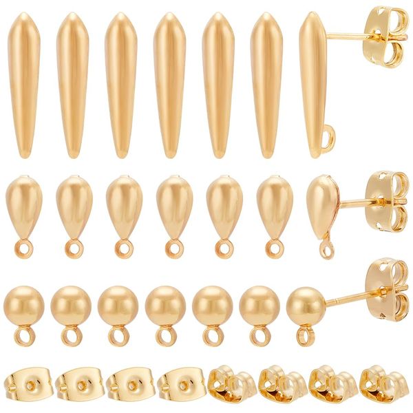 BENECREAT 30Pcs 3 Style 18K Real Gold Plated Brass Stud Earring Ball Teardrop Stud Earring Findings Minimalist with 30Pcs Brass Ear Nuts for Women Gifts, Festival Favors