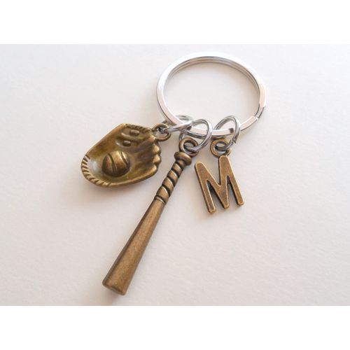 Custom Bronze Baseball Keychain with Baseball Glove & Baseball Bat Charm, Softball or Baseball Player Gift