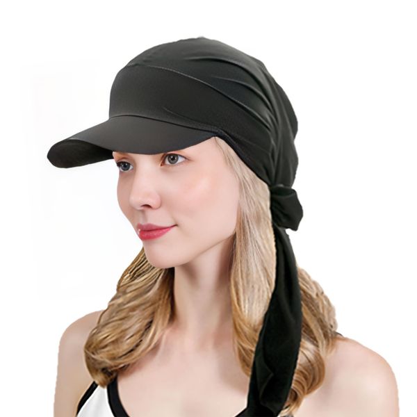 AIDIER Peaked Chemo Headwear with Brim for Women Sun Protection Baseball Cap Pre-Tied Headwraps for Hair Loss Elastic Head Scraf Cancer Hair Turban Newsboy Cap Black