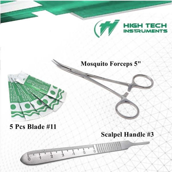 1 Scalpel Knife Handle #3 + 5 Pcs Sterile Surgical Blades #11 + Hemostat Forceps