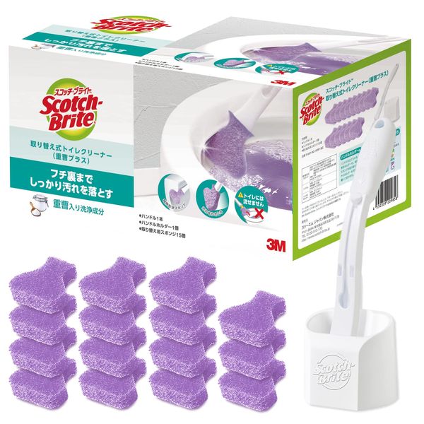 3M Toilet Cleaning Brush, Toilet Detergent, Black Stains, Baking Soda, Disposable Sponge, Detergent Included, Main Unit, 15 Replacement Pieces, Scotch Bright