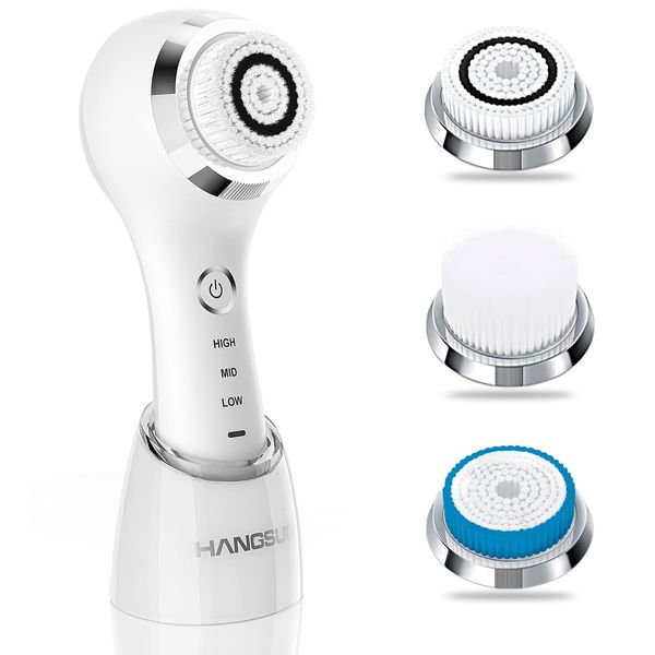 Hangsun Facial Cleansing Brush Sonic Vibrating Face Brush SC200 for Deep Cleaning Exfoliating and Massaging with Wireless Charging, IPX7 Waterproof,3 Speed Settings, 2 Smart Modes, 3 Brush Heads