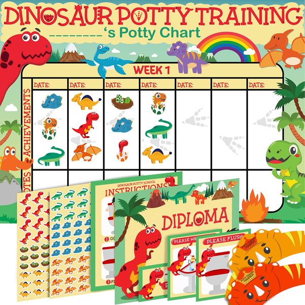 Potty Training Chart for Toddlers, Dinosaur Design Reward Chart - 194 Cool Stickers, 2 Fun Crowns, Motivational Certificate, Bonus Instruction Cards, Booklet & Erasable Pen for Boys and Girls