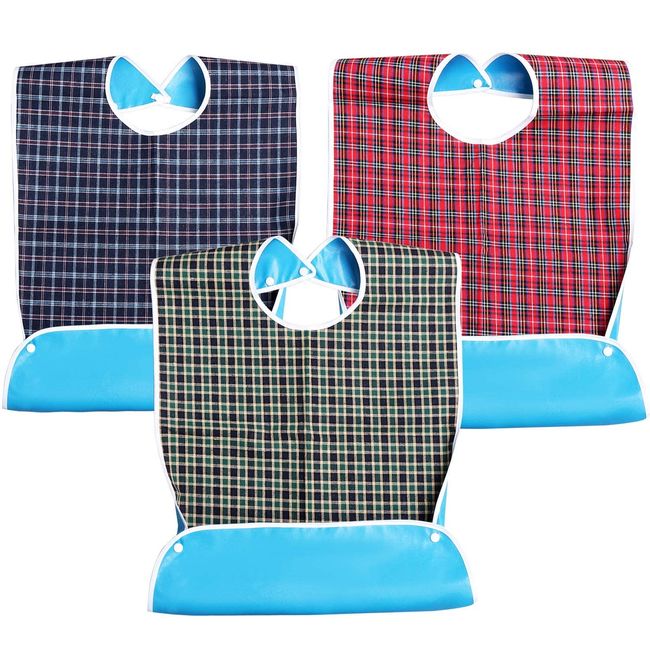 kuou Adult Bibs, Adult The Eldly Bib Adult Washable Dining Bibs for Elderly （3 Pack,Red,Green,Blue）