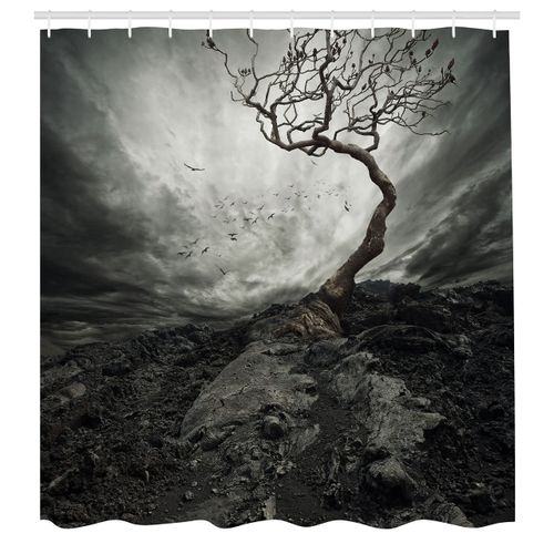 Ambesonne Horror House Shower Curtain, Black and White Dramatic Mist Sky Gulls in Air Lonely Tree Enchanted Windy Day Print, Cloth Fabric Bathroom Decor Set with Hooks, 69" W x 84" L, Grey