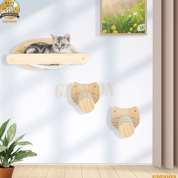 Wood Cat Scratching Posts & Sturdy Hammock Bed Cat Wall Shelf Set Pet Furniture