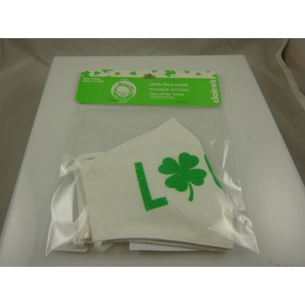 face mask Lucky shamrock white green , clover 4 leaf adult size