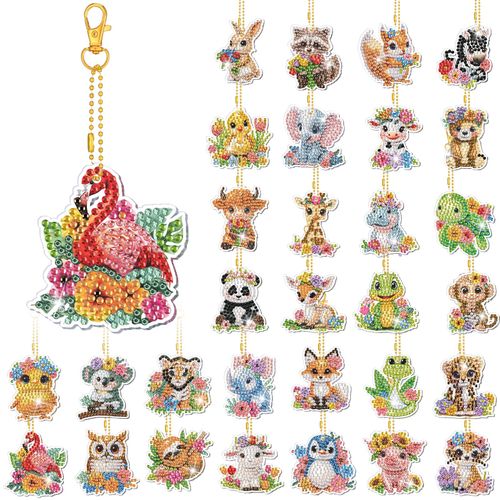 WILLBOND 30 Pcs Watercolor Animal Diamond Art Keychain Ornaments Double Sided DIY Watercolor Animal Diamond Painting Keychain Kits for Adults Key Ring Art Pendant Decor