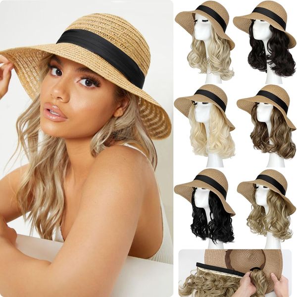 Qlenkay Straw Sun Hat with 10in Synthetic Hair Extension Short Wavy Curly Wig Wide Brim Women Adjustable Cap Detachable Hairpiece for Summer Travel Dark Black