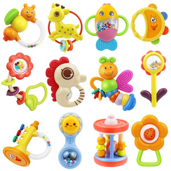 MOONTOY 12pcs Baby Rattles Set Teether Toys for Babies 0-6 Months Infant Christmas Stocking Stuffers Gifts, Baby Toys 6-12 Months Teething Toys 3-6 Months Newborn Boy Girl 0 1 2 3 4 5 6 7 8 9 10 Month